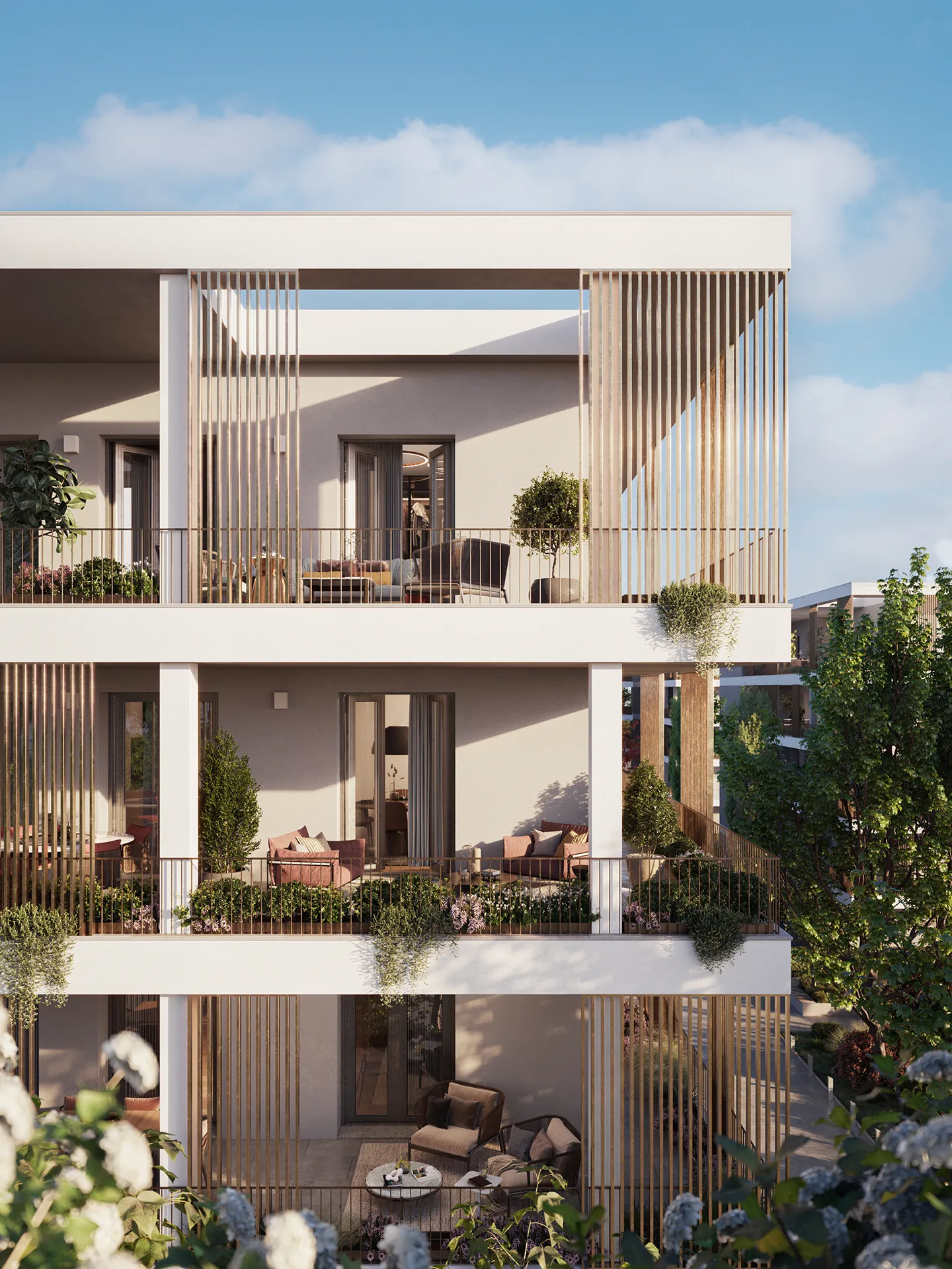 Appartamento di lusso con design moderno a Lainate, ampie vetrate e balconi spaziosi con arredamento elegante e piante verdi